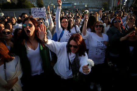 Nurses are seen in front of Santa Maria Hospital during a protest march in Lisbon, Portugal, March 8, 2019. REUTERS/Pedro Nunes