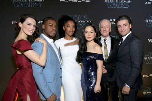 "The Rise of Skywalker" actors from non-white backgrounds include John Boyega, Naomi Ackie (white dress) and Kelly Marie Tran, pictured at the world premiere on December 16, 2019 with fellow cast members Daisy Ridley, Anthony Daniels and Oscar Isaac