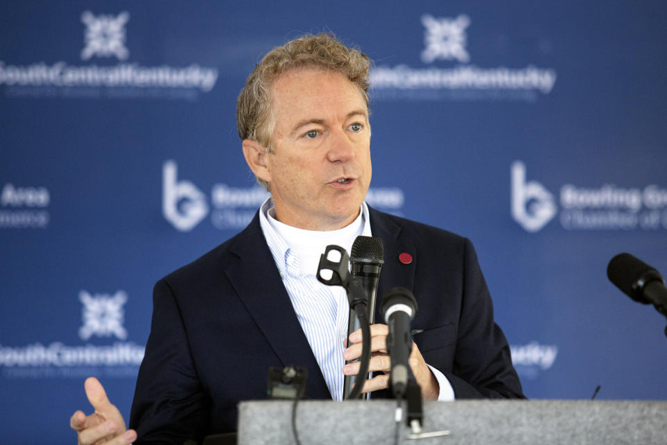 FILE - U.S. Sen. Rand Paul, R-Ky., speaks at the ground breaking ceremony for the Kentucky Department of Veterans Affairs Bowling Green Veterans Center in Bowling Green, Ky., on Wednesday, Nov. 2, 2022. Paul is bidding for a third term Tuesday, Nov. 8 against a rival from the opposite end of the political spectrum, progressive Democrat Charles Booker. (Grace Ramey/Daily News via AP, File)