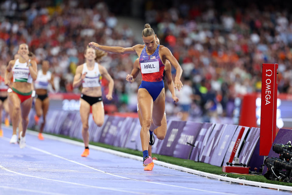 PARIS, FRANCE - AUGUST 09: Anna Hall of the United States reacts after competing in the Women's Heptathlon 800m on day fourteen of the Olympic Games Paris 2024 at Stade de France on August 09, 2024 in Paris, France. (Photo by Hannah Peters/Getty Images)