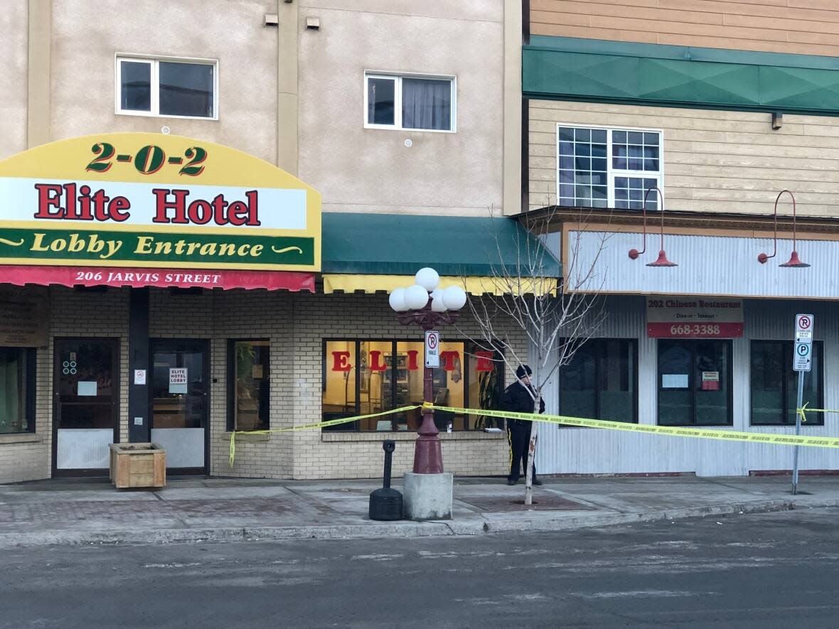 Police tape at the scene of a shooting in downtown Whitehorse on Dec. 1, 2019. Crown prosecutors wrapped up presenting evidence that's part of the trial into the shooting. (Mike Rudyk/CBC - image credit)