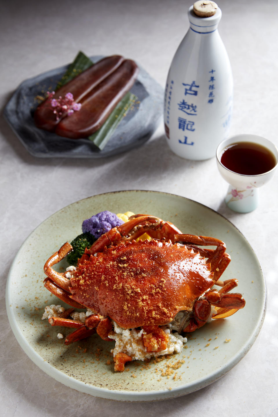 Steamed roe crab and mullet roe shavings with shao xing ginger custard. (PHOTO: Yi by Jereme Leung)