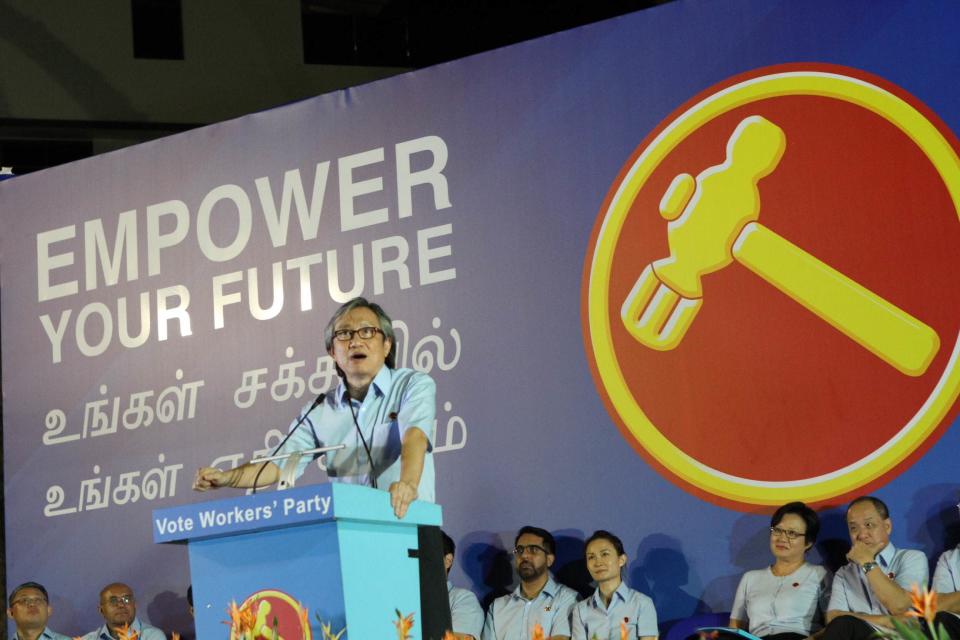 Chen Show Mao speaks at the Workers’ Party rally on 2 September 2015. Yahoo News Singapore file photo