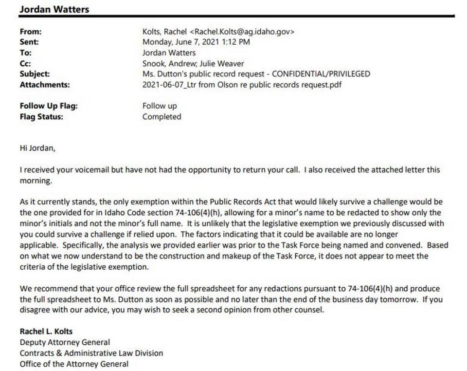 In a June 7 email sent to Lt. Gov. Janice McGeachin’s chief of staff, a deputy attorney general recommended that McGeachin’s office release public records “as soon as possible,” more than a month before McGeachin was sued by the Idaho Press Club.