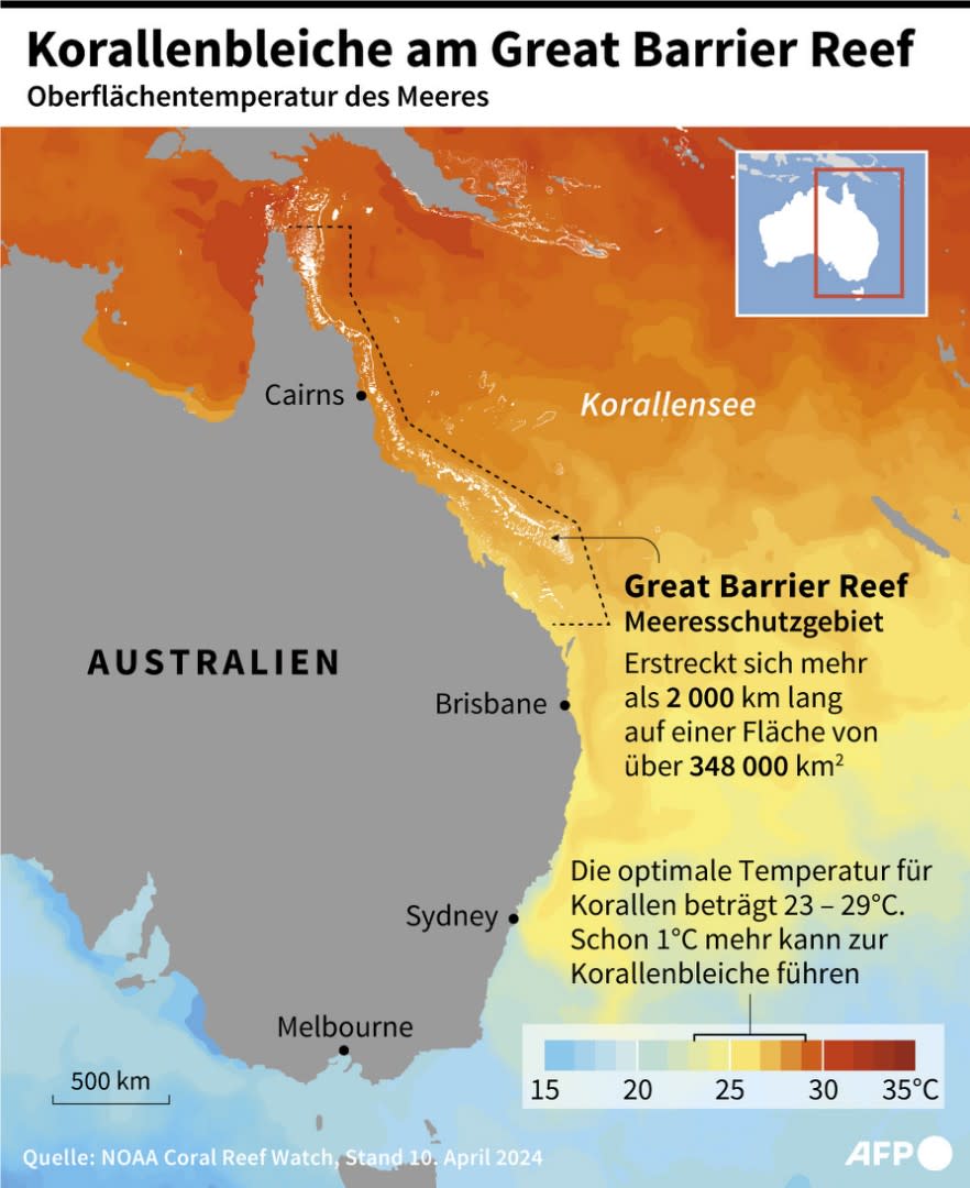 <span>Korallenbleiche in Australiens Great Barrier Reef: Karte mit Wassertemperaturen</span><div><span>Nicholas SHEARMAN</span><span>Anne CHROMIK</span><span>NOAA</span></div>