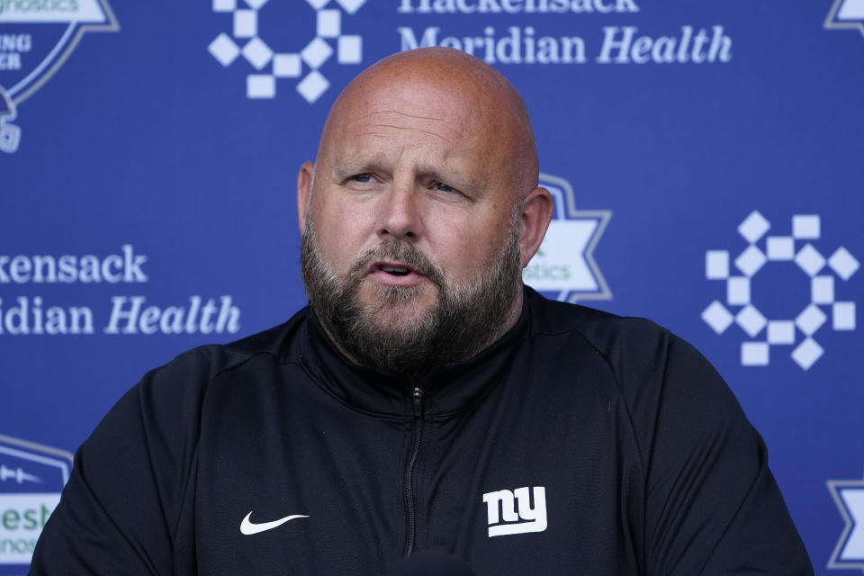 New York Giants head coach Brian Daboll talks to reporters before a practice at the NFL football team's training facility in East Rutherford, N.J., Thursday, May 26, 2022. (AP Photo/Seth Wenig)