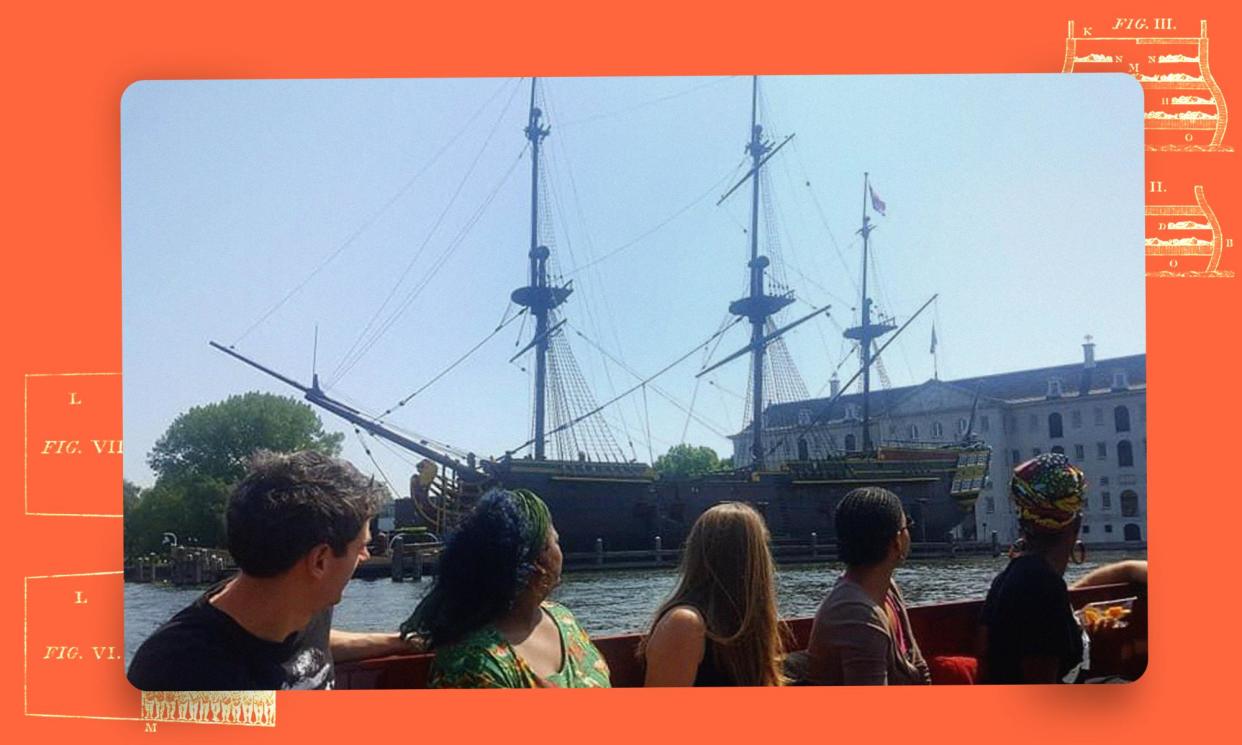 <span>A tour group passes a replica of a colonial Dutch East India Company ship moored in Amsterdam’s Oosterdok.</span><span>Composite: Alamy/Jennifer Tosch</span>