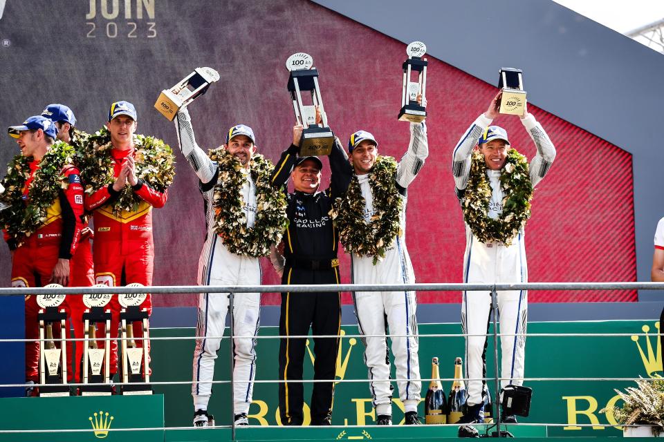 LE MANS, FRANCE - JUNE 11: The podium (L to R): Earl Bamber of New Zealand, Alex Lynn of Great Britain, Richard Westbrook of Great Britain #02 Cadillac Racing, third, at the 100th anniversary of the 24 Hours of Le Mans at the Circuit de la Sarthe on June 11, 2023 in Le Mans, France. (Photo by James Moy Photography/Getty Images)