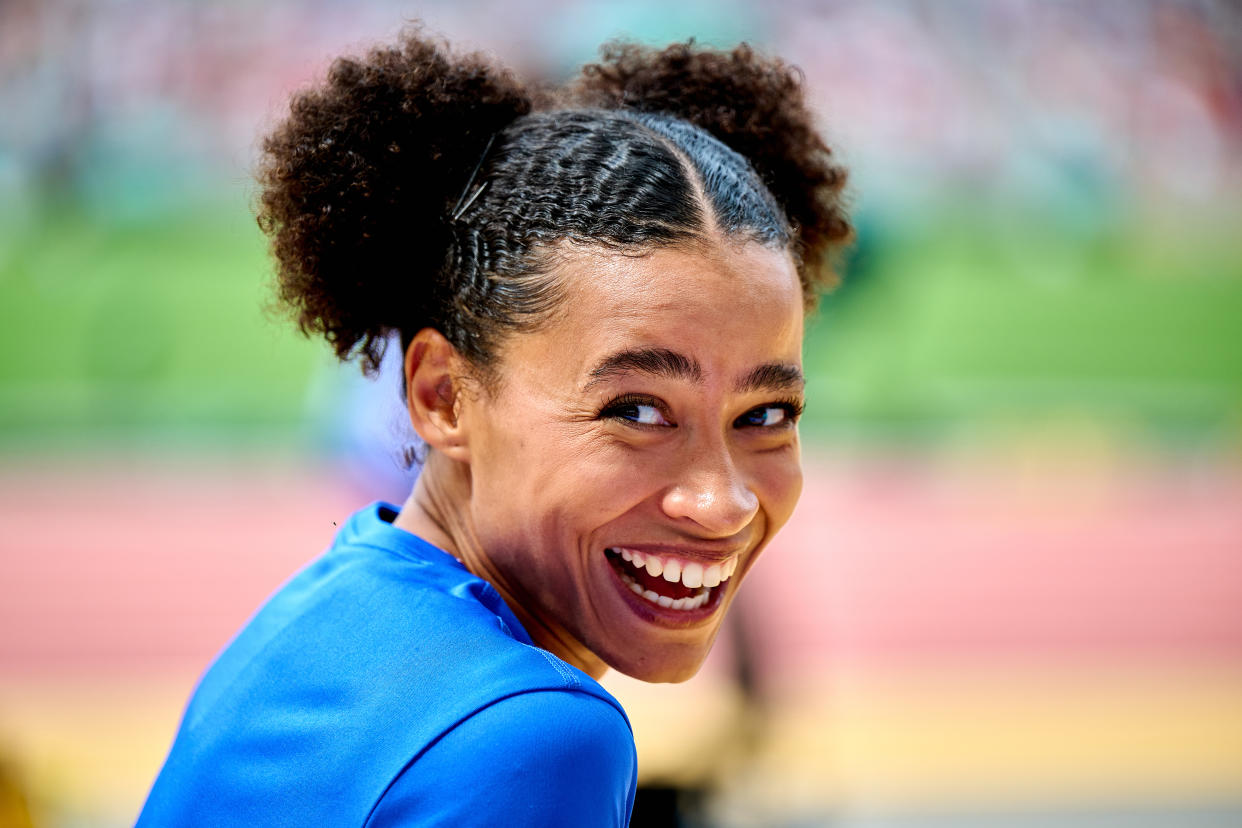 BUDAPEST, HUNGARY - AUGUST 19: Jazmin Sawyers of Great Britain smile prior to the women's long jump qualification round during day one of the World Athletics Championships Budapest 2023 at National Athletics Centre on August 19, 2023 in Budapest, Hungary. (Photo by Mattia Ozbot/Getty Images)