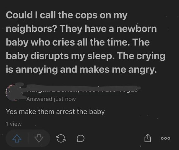 Social media screenshot: A user asks if they can call the cops on a neighbor's crying baby; a sarcastic reply suggests arresting the baby