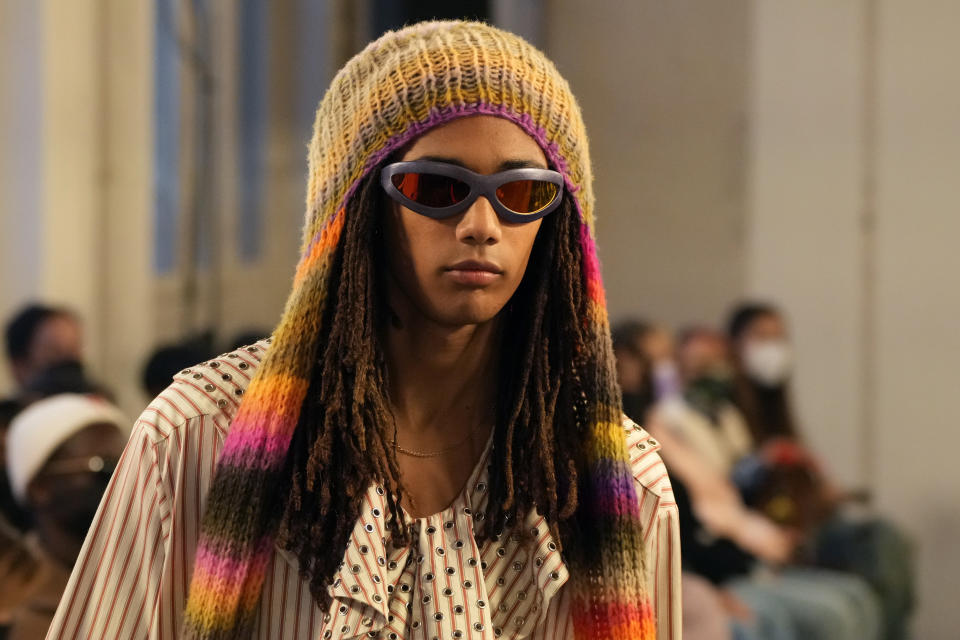 A model wears a creation for the Bluemarble fall-winter 22/23 men's collection, in Paris, Tuesday, Jan. 18, 2022. (AP Photo/Francois Mori)