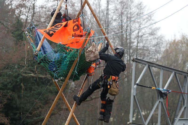 Environmentalist "Swampy" protests at HS2 high-speed railway construction site in Denham