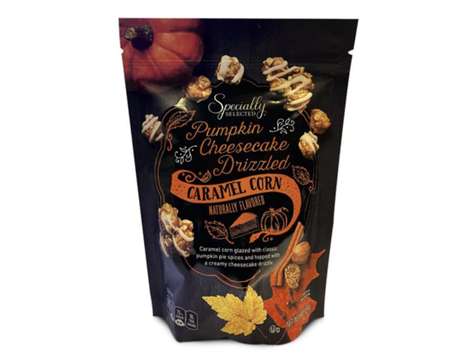 Bag of Specially Selected pumpkin-cheesecake drizzled popcorn