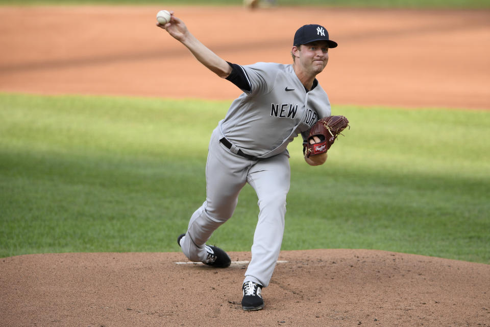 New York Yankees starting pitcher Michael King delivers a pitch during the first inning of the first baseball game of a doubleheader against the Baltimore Orioles, Friday, Sept. 4, 2020, in Baltimore. (AP Photo/Nick Wass)