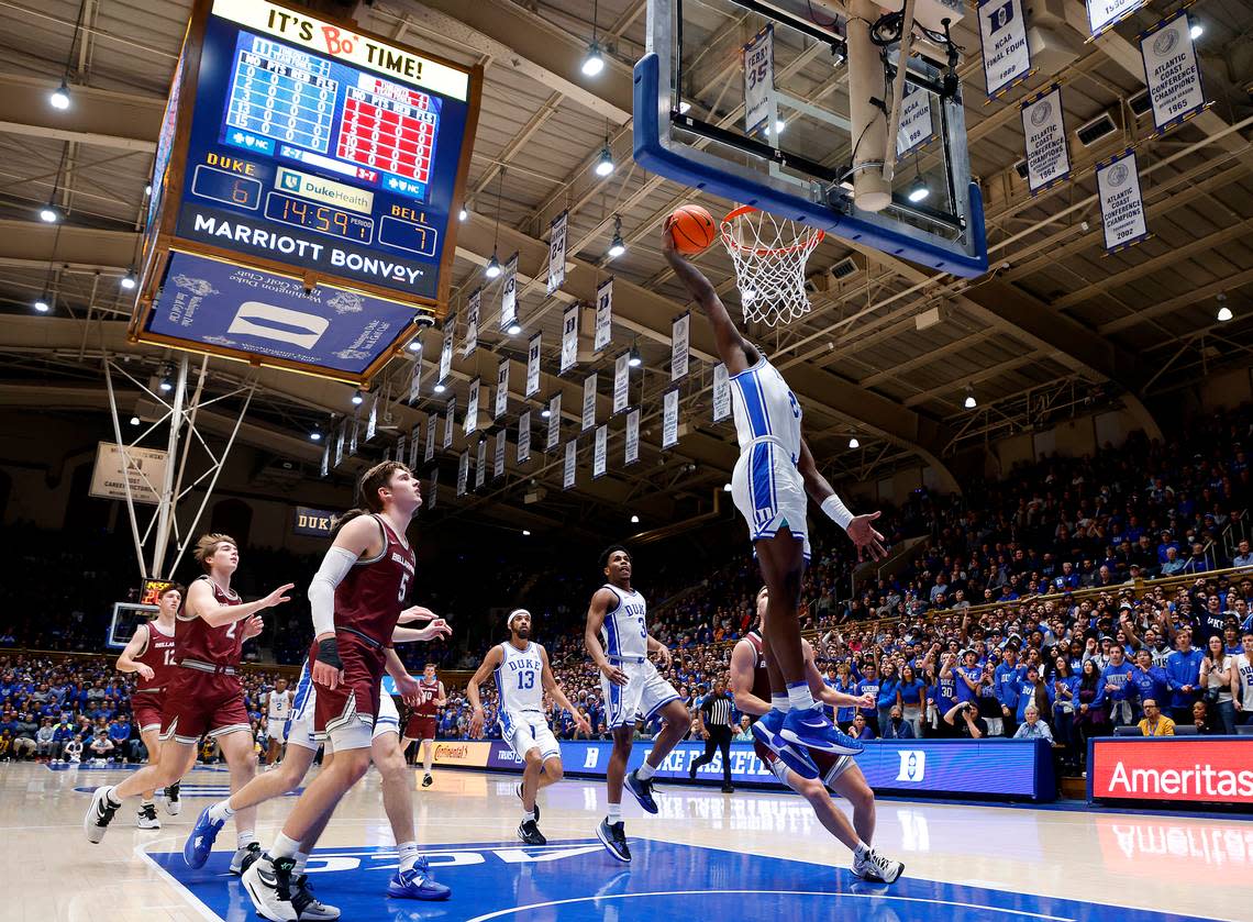 Duke’s Dariq Whitehead elevates for a dunk during the first half of a game against Bellarmine at Cameron Indoor Stadium on Monday, Nov. 21, 2022, in Durham, N.C.