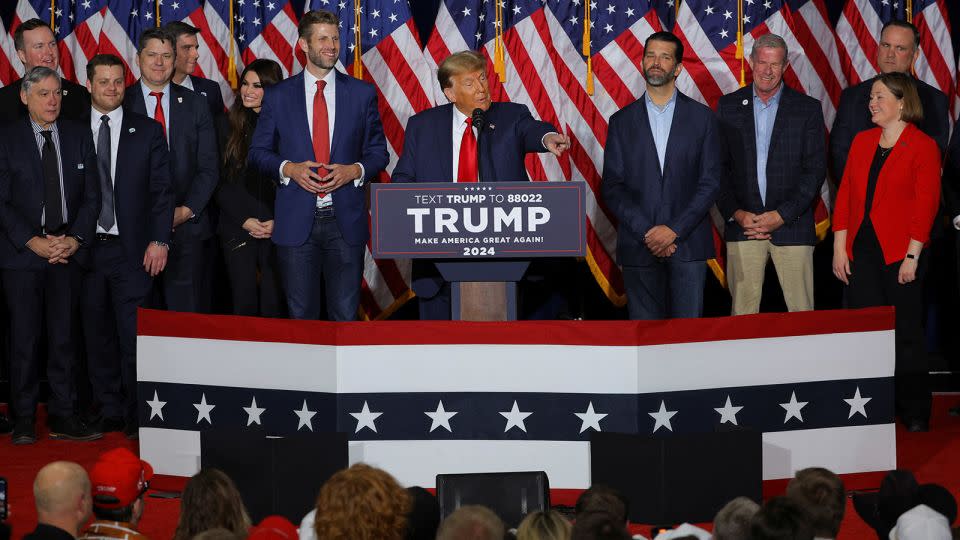 Trump speaks at his caucus night watch party in Des Moines. - Brian Snyder/Reuters