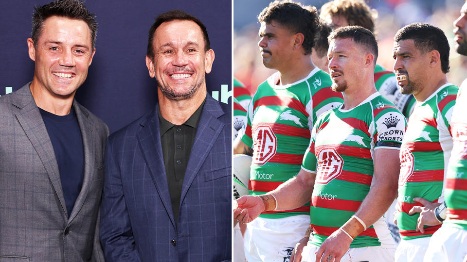 Cooper Cronk and Matty Johns, pictured here alongside Rabbitohs players before Jack Wighton's arrival.