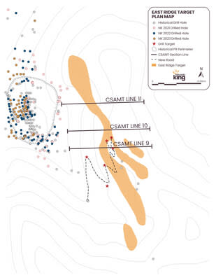 Figure 1. Plan view of ERT showing locations of initial reconnaissance drill holes. CSAMT Section Line 9 is plotted running east to west across the ridge. The composited low resistivity CSAMT anomaly highlighted in purple trends NNW for about 1,000m and indicates the ERT’s structural plumbing for intrusive dikes and accompanying gold mineralization.  The trend of the anomaly is very similar to that of the main pit resource zone. (CNW Group/Nevada King Gold Corp.)