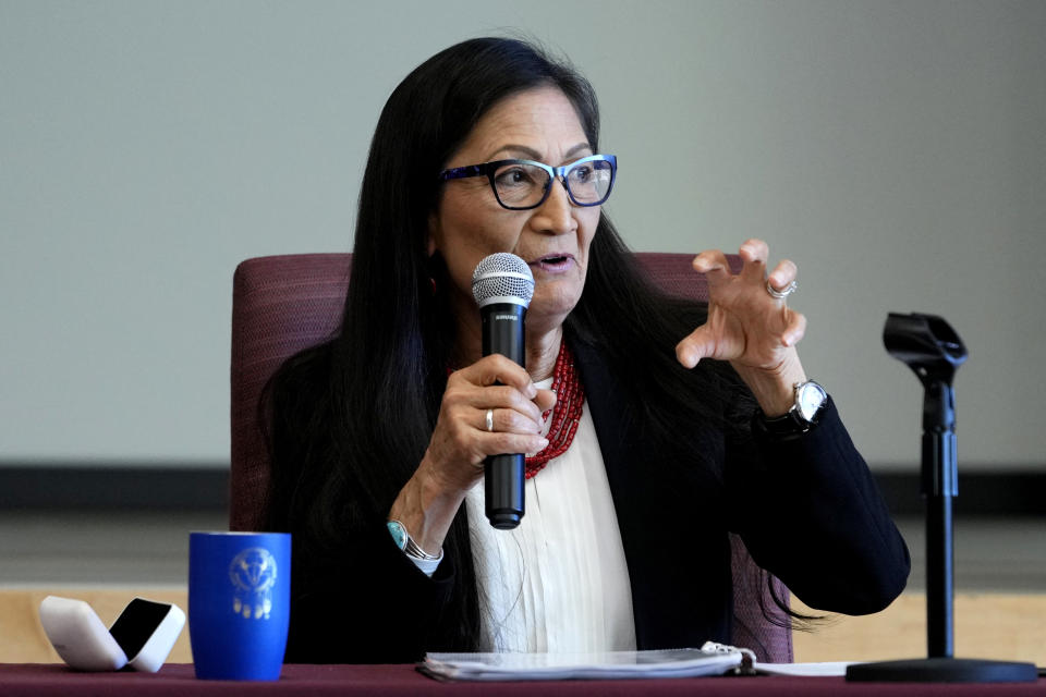 FILE - U.S. Interior Secretary Deb Haaland speaks during a "Road to Healing" event, Jan. 20, 2023, at the Gila Crossing Community School in Laveen, Ariz. Haaland, a member of the Pueblo of Laguna, is the first Native American cabinet secretary. Her name is on the case arguing in favor of the Indian Child Welfare Act, that was upheld 7-2 by the U.S. Supreme Court on Thursday, June 15. (AP Photo/Matt York, File)