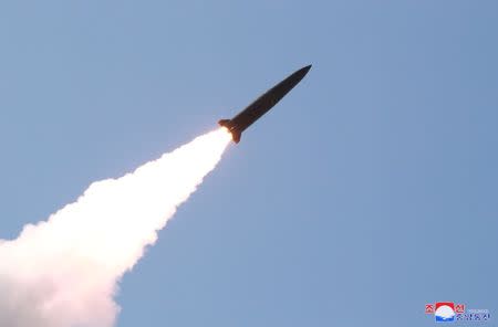 A missile is seen launched during a military drill in North Korea, in this May 10, 2019 photo supplied by the Korean Central News Agency (KCNA). KCNA via REUTERS