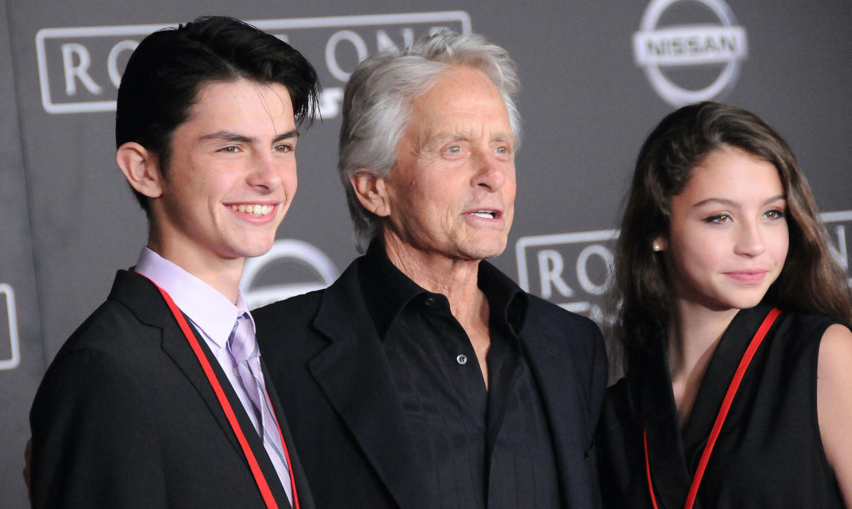 <span class="caption">Dylan Michael Douglas, Michael Douglas, Carys Zeta-Douglas.</span> <span class="credit">(Photo by Barry King/Getty Images)</span>