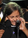 File photo shows Paris Jackson in tears as she speaks at the memorial service for her father at the Staples Center in Los Angeles on July 7, 2009. AFP