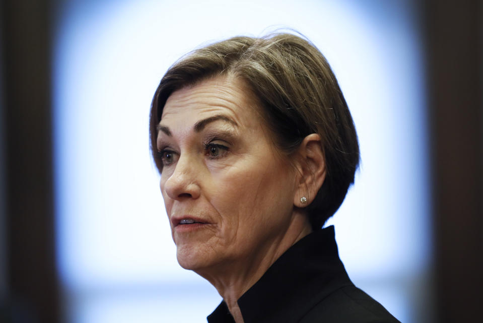 Iowa Gov. Kim Reynolds speaks during a news conference about an update on the state's response to the new coronavirus outbreak, Tuesday, March 10, 2020, at the Statehouse in Des Moines, Iowa. (AP Photo/Charlie Neibergall)