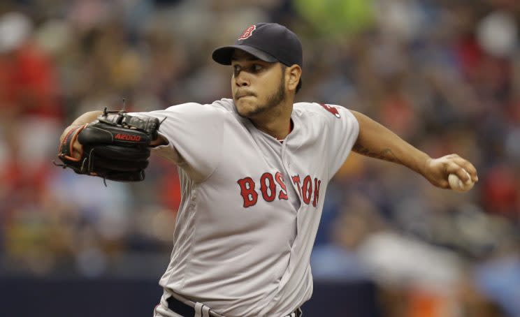 Boston Red Sox starting pitcher Eduardo Rodriguez delivers the ball to the Tampa Bay Rays during the first inning of a baseball game Sunday, Sept. 25, 2016, in St. Petersburg, Fla. (AP Photo/Luis M. Alvarez)