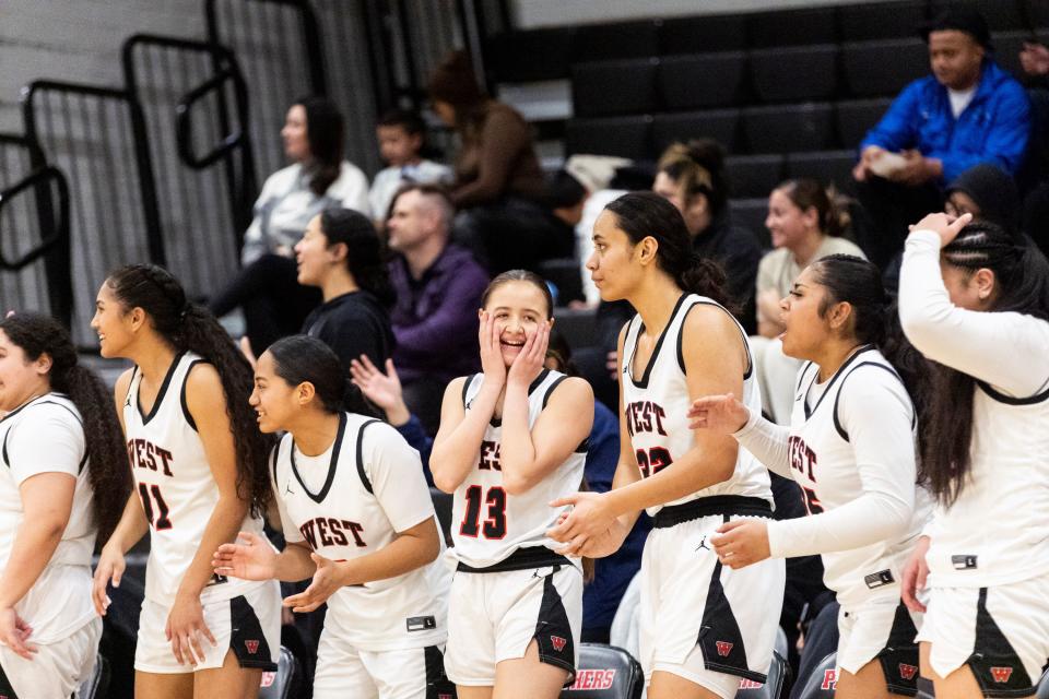 West Panthers guard/forward Jaida Lavatai (13) and her teammates react during a game against the Salem Hills Skyhawks at West High School in Salt Lake City on Thursday, Feb. 22, 2024. | Marielle Scott, Deseret News