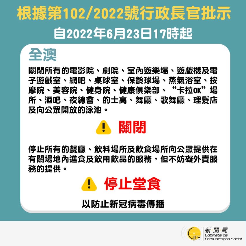 澳門防堵新冠疫情，宣布自23日17時起境內所有戲院、酒吧、泳池設施關閉，餐廳停止內用。   圖：翻攝澳門特別行政區政府新聞局官網