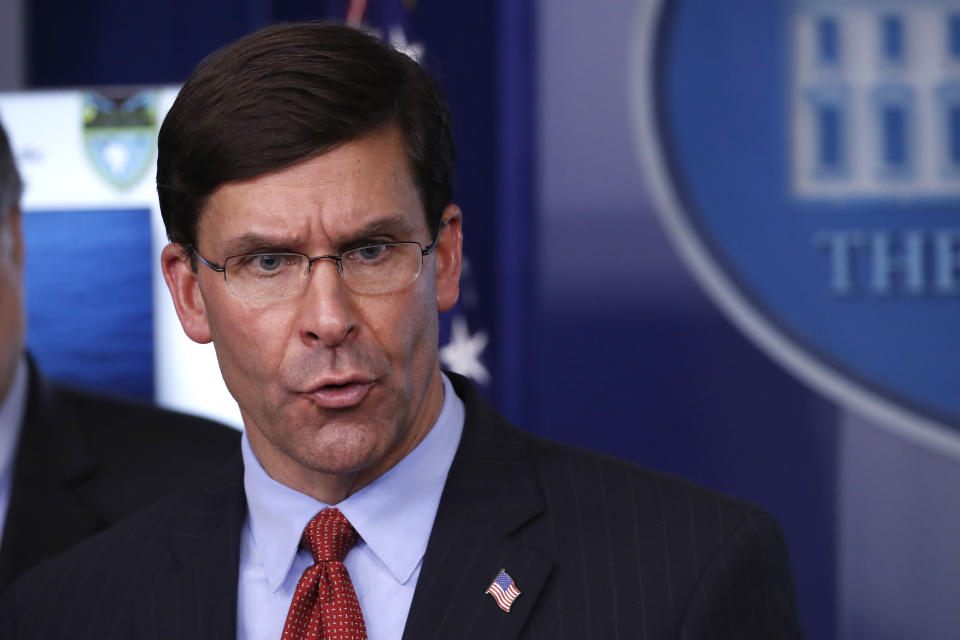 Defense Secretary Mark Esper speaks about the coronavirus in the James Brady Press Briefing Room of the White House, Wednesday, April 1, 2020, in Washington. (AP Photo/Alex Brandon)