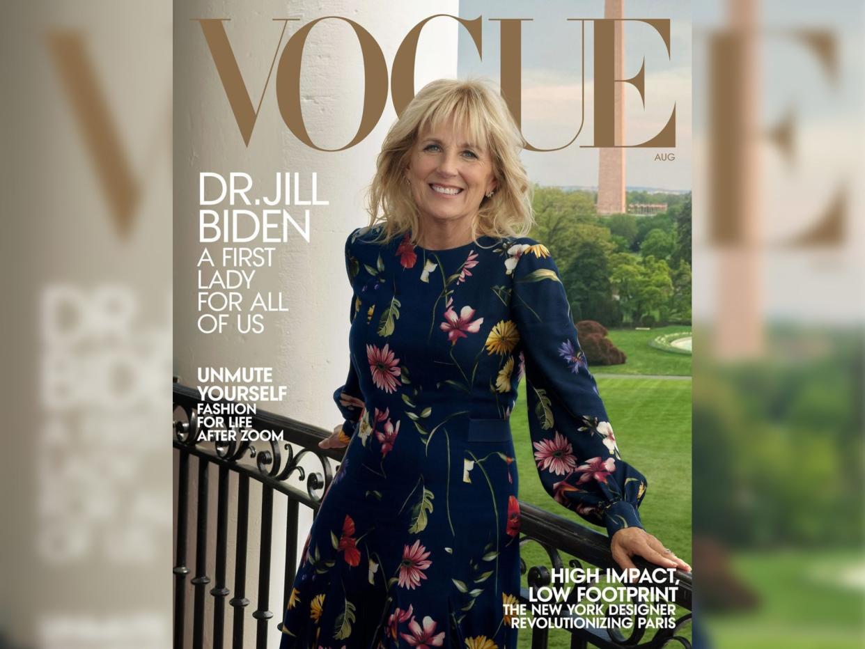 First Lady Jill Biden graced the cover of Vogue wearing a navy Oscar de la Renta dress after Melania Trump was not invited to do so during her husband’s presidency (Vogue)