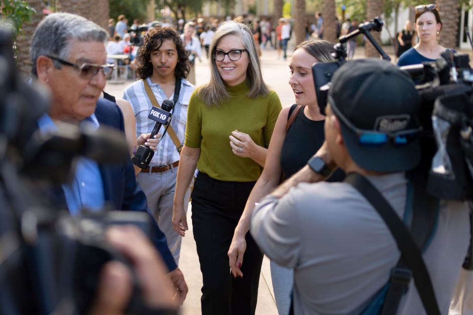Katie Hobbs, the Democratic nominee for governor, at a National Voter Registration Day event at Arizona State University in Tempe, Ariz., Sept. 20, 2022. In the final weeks of a tight contest, critics say Hobbs has been too subdued.<span class="copyright">Rebecca Noble—The New York Times/Redux</span>