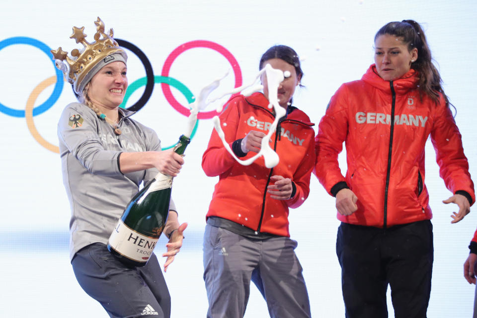 <p>Silver medalist Katharina Althaus of Germany celebrates at the German House (Deutsches Haus) reception after the Ladies’ Normal Hill Individual Ski Jumping Final on day three of the PyeongChang 2018 Winter Olympic Games (Photo by Andreas Rentz/Getty Images) </p>