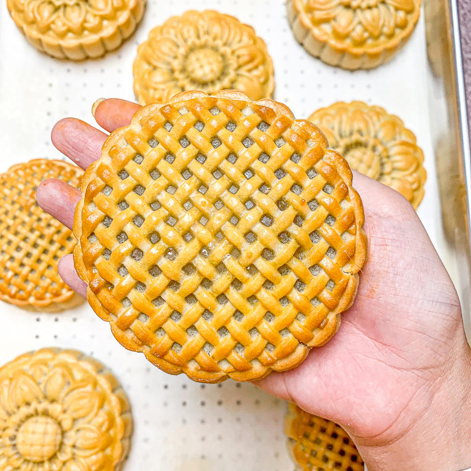 One of Nuyen's baked mooncakes with a nontraditional pressed lattice pattern. (Courtesy Suzanne Nuyen)