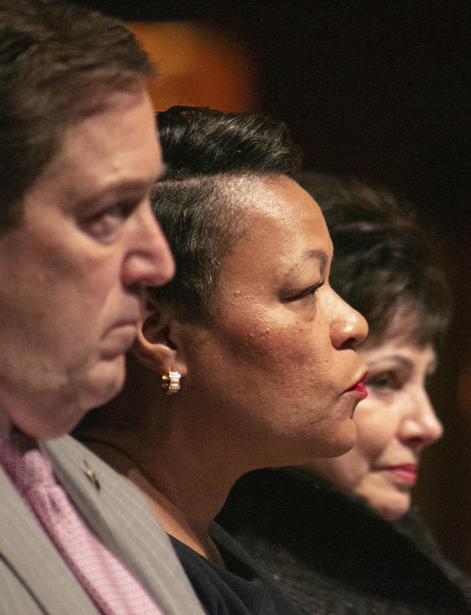 Louisiana Lt. Gov. Billy Nungessor, New Orleans Mayor LaToya Cantrell and New Orleans Saints owner Gayle Benson, from left, listen to Gov. Jeff Landry speak a news conference at the Saenger Theater in New Orleans, Tuesday, June 4, 2024, about preparations for New Orlean's hosting NFL football's Super Bowl. (John McCusker/The Times-Picayune/The New Orleans Advocate via AP)