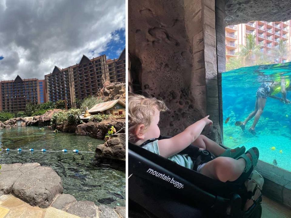 Side by side images of a pool surrounded by rocks and a hotel and a baby looking and pointing at an aquarium with a swimmer in it.