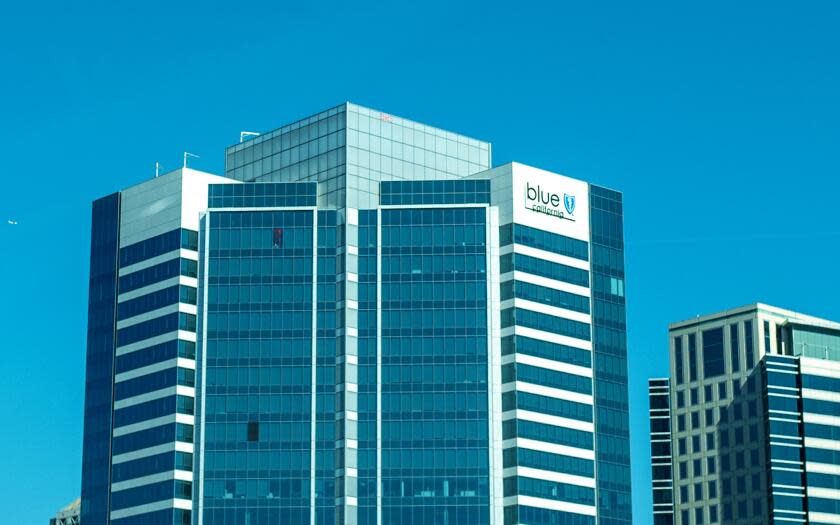 Building with logo for Blue Shield of California insurance company in Oakland, California, October 16, 2021. (Photo by Smith Collection/Gado/Getty Images)