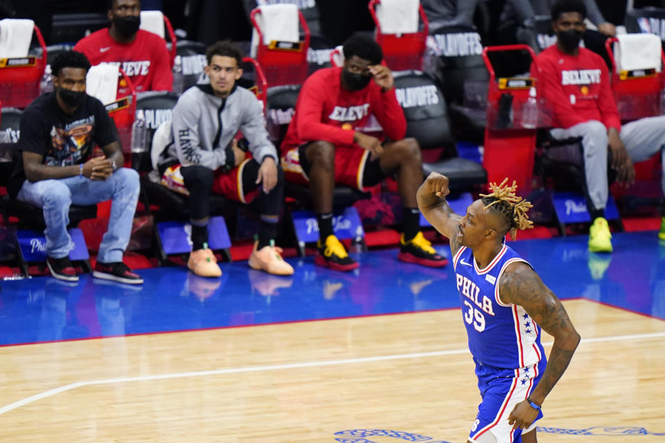 Philadelphia 76ers' Dwight Howard reacts after making a basket during the second half of Game 2 in a second-round NBA basketball playoff series against the Atlanta Hawks, Tuesday, June 8, 2021, in Philadelphia. (AP Photo/Matt Slocum)