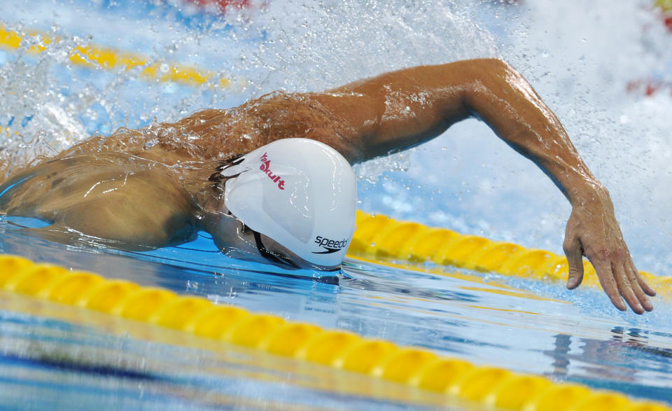 US swimmer Nathan Adrian competes in the heats of the men's 100-metre freestyle swimming event in the FINA World Championships at the indoor stadium of the Oriental Sports Center in Shanghai on July 27, 2011.    AFP PHOTO / MARK RALSTON (Photo credit should read MARK RALSTON/AFP/Getty Images)