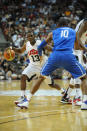 Chris Paul #13 of the US Men's Senior National Team drives against Al Horford #10 of the Dominican Republic during an exhibition game at the Thomas and Mack Center on July 12, 2012 in Las Vegas, Nevada. (Noah Graham/NBAE via Getty Images)