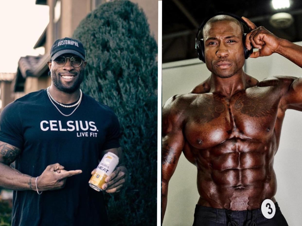 a composite picture of bodybuilding athlete Erin Banks in a Celsius T-shirt, and shirtless in a bodybuilding competition