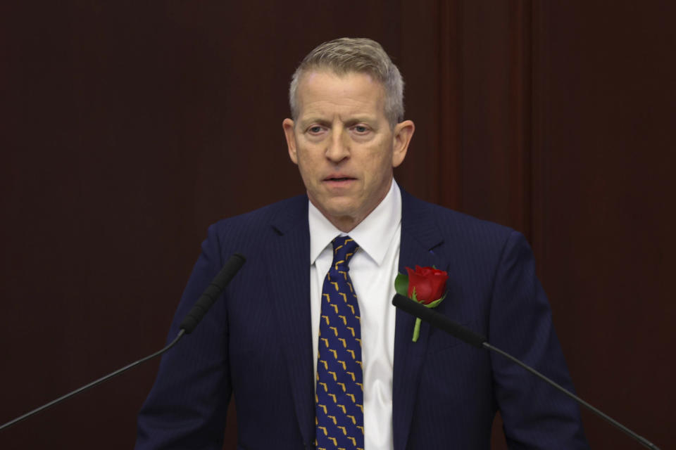 Florida House Speaker Paul Renner, R-Palm Coast, welcomes the Senate to join the House of Representatives for Gov. Ron DeSantis to give his State of the State address, Tallahassee, Fla., Tuesday, Jan. 9, 2024. (AP Photo/Gary McCullough)