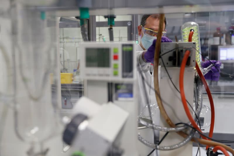 An employee works at a lab at the Spanish pharmaceutical company PharmaMar amid the coronavirus disease (COVID-19) outbreak, in Colmenar Viejo