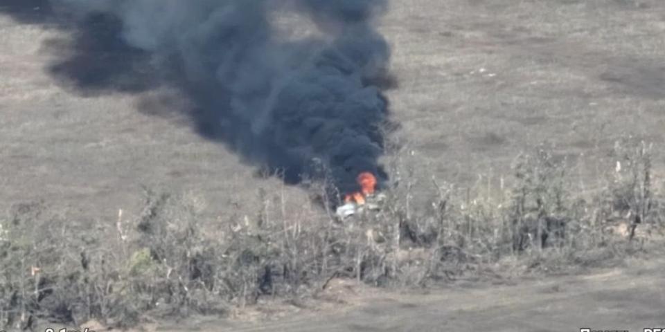 A burning Ukrainian armored vehicle reportedly near Verbove in Zaporizhzhia Oblast. (Operation Z Telegram)