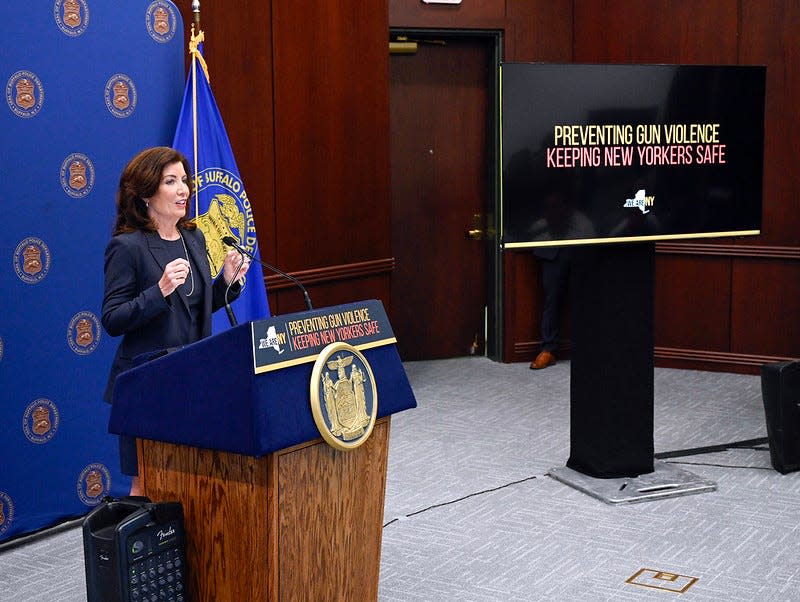 Gov. Kathy Hochul speaks in Buffalo about decreasing gun violence across New York on July 28, 2023.