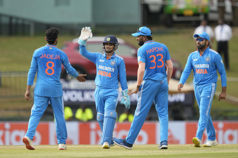 Members of the Indian team congratulate their bowler Ravindra Jadeja for the dismissal of Nepal's Kushal Malla during the Asia Cup cricket match between India and Nepal in Pallekele, Sri Lanka on Monday, Sep. 4. (AP Photo/Eranga Jayawardena)