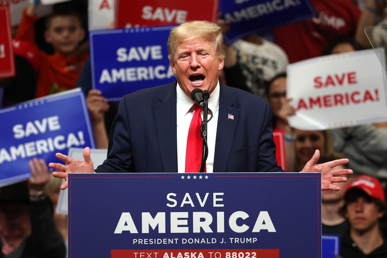 donald-trump-2024-announcement-tk-2.jpg Former President Trump Campaigns With House Candidate Sarah Palin And Senate Candidate Kelly Tshibaka In Anchorage, Alaska - Credit: Justin Sullivan/Getty Images