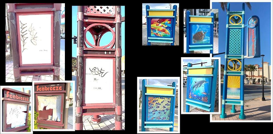 The before and after pictures of a city-led effort to clean up rundown parts of Daytona's beachside show what relatively cheap and quick improvements can do to improve an area's appearance. Pictured are sign frame structures on Seabreeze Boulevard that were repurposed to become public art.