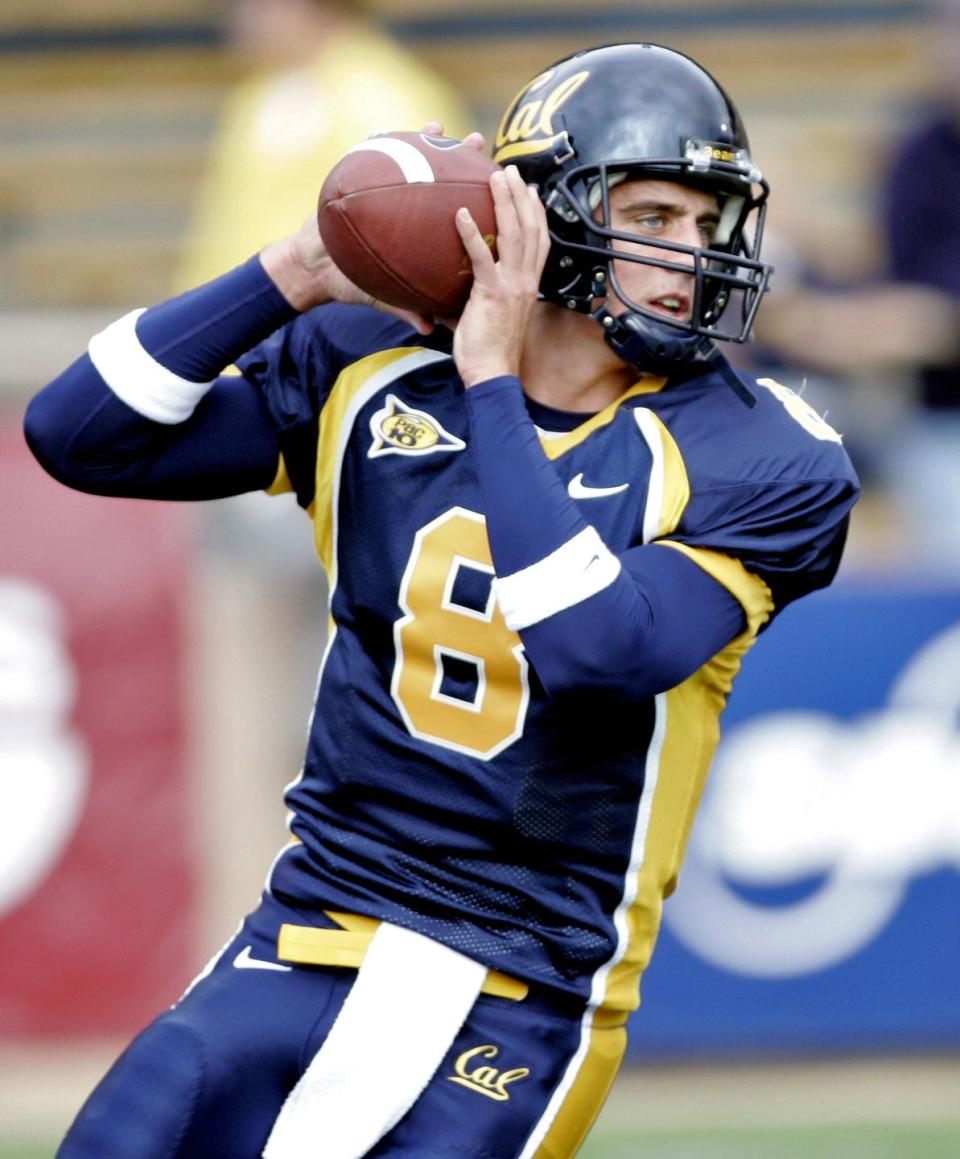 aaron rodgers looking downfield for a receiver while gripping a football